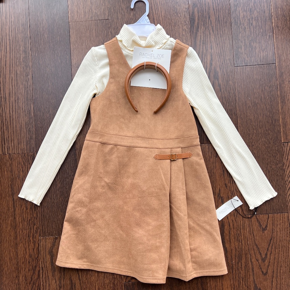 Rachel Zoe Girls Dress Set Faux Suede Tan Jumper With Cream Turtleneck